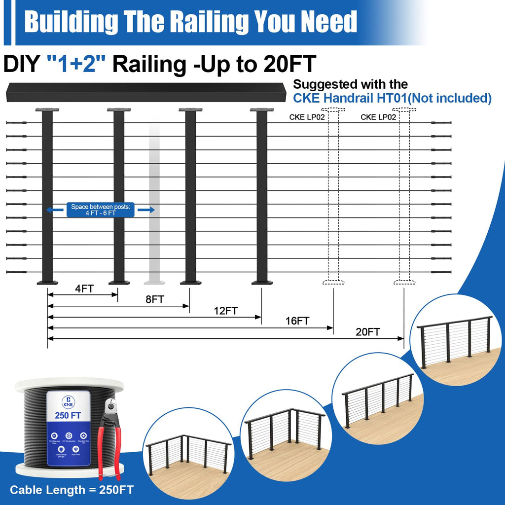 10ft-15ft Complete Set 42" Cable Railing Post Kit, 3Pack Black Level Drilled Line Posts(35"x2"x2"), Swageless Deck