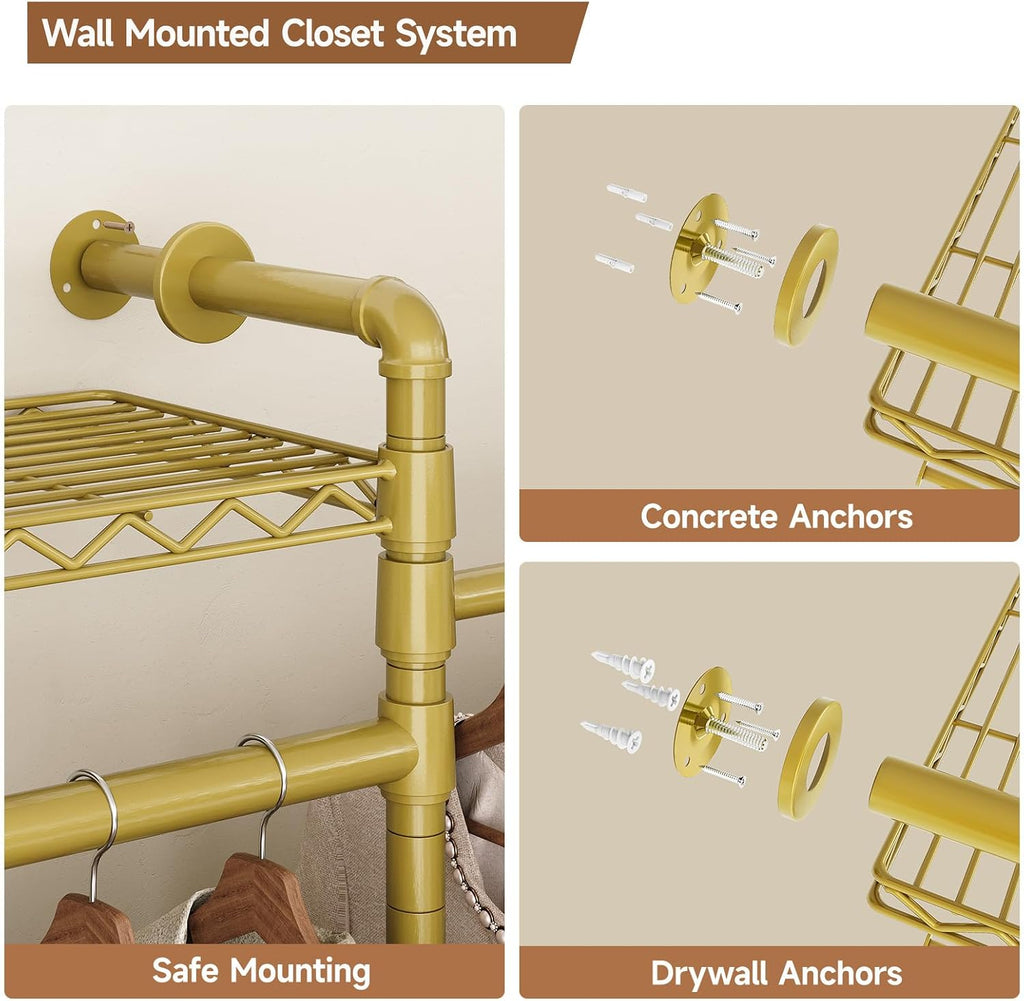 Wall Mounted Garment Rack, Walk-in Closet System with Expandable Rods, Adjustable Shelves, Industrial Pipe Clothing