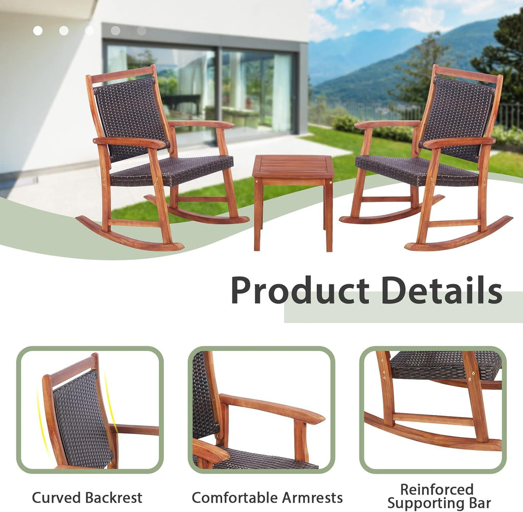 3 Pieces Rocking Bistro Set Acacia Wood Patio Rocking Chairs with Coffee Table, Rattan Wicker Rocking Conversation