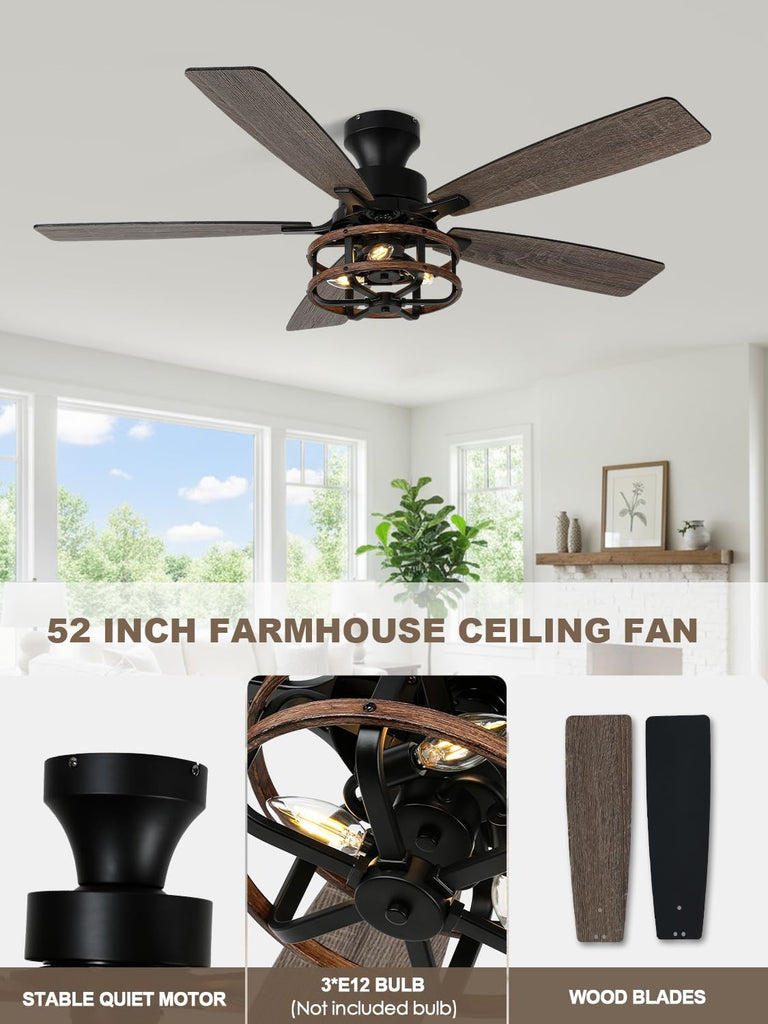 52 Inch Flush Mount Farmhouse Ceiling Fan with Light