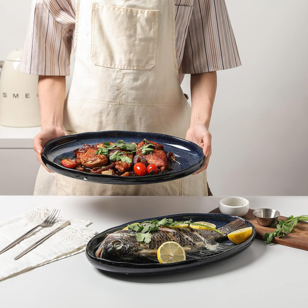 Serving Platter Ceramic Tray Plates Extra Large Oval 14.5 Inch Porcelain Dinner Plates Long Serving Dish Set