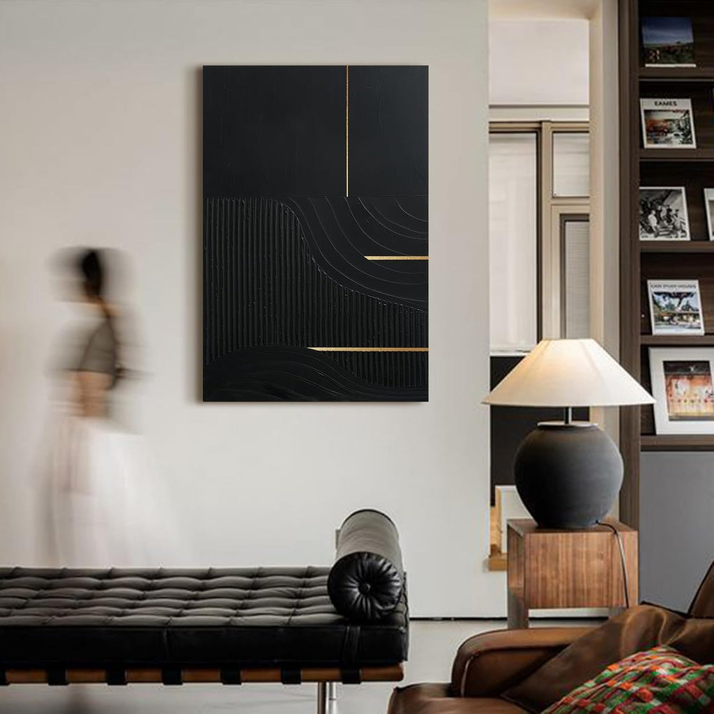 Hand-Painted Black & Gold Abstract Wall Art, Modern Textured Oil Painting | Original Canvas Artwork Bedroom