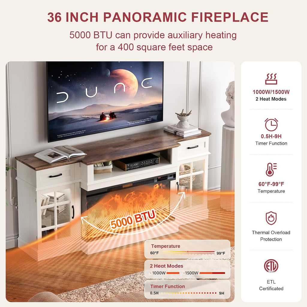 70" TV Stand with 36" Electric Fireplace, Entertainment Center Console Table for TV up to 80'', Fireplace TV Stand
