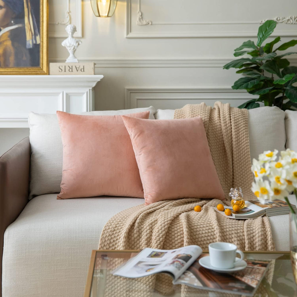 Set of 2 Dusty Rose Colored Solid Velvet Throw Pillow Covers, Cozy Soft Accent Pillow Cases
