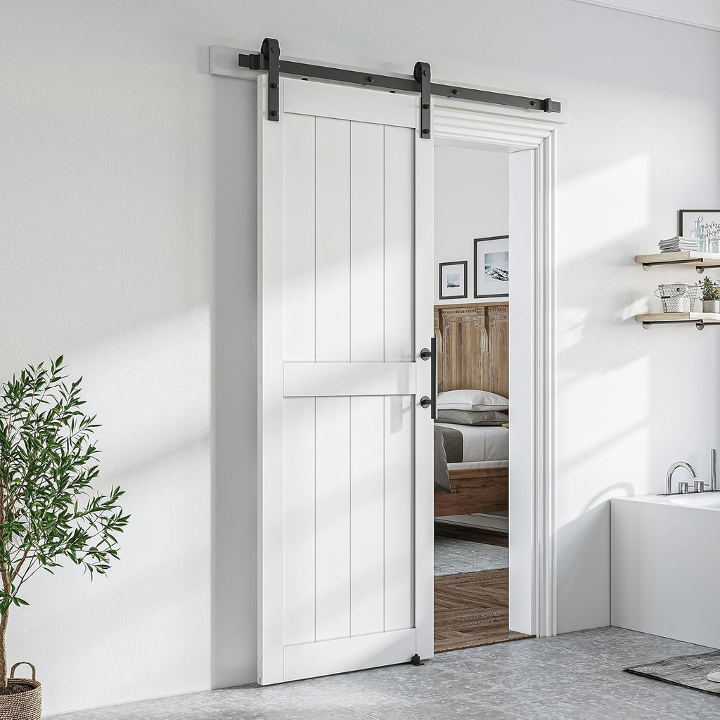 30 x 84 inch White Sliding MDF Barn Door with 5FT Black Sliding Door Hardware Kit & Handle, Pre-Dril