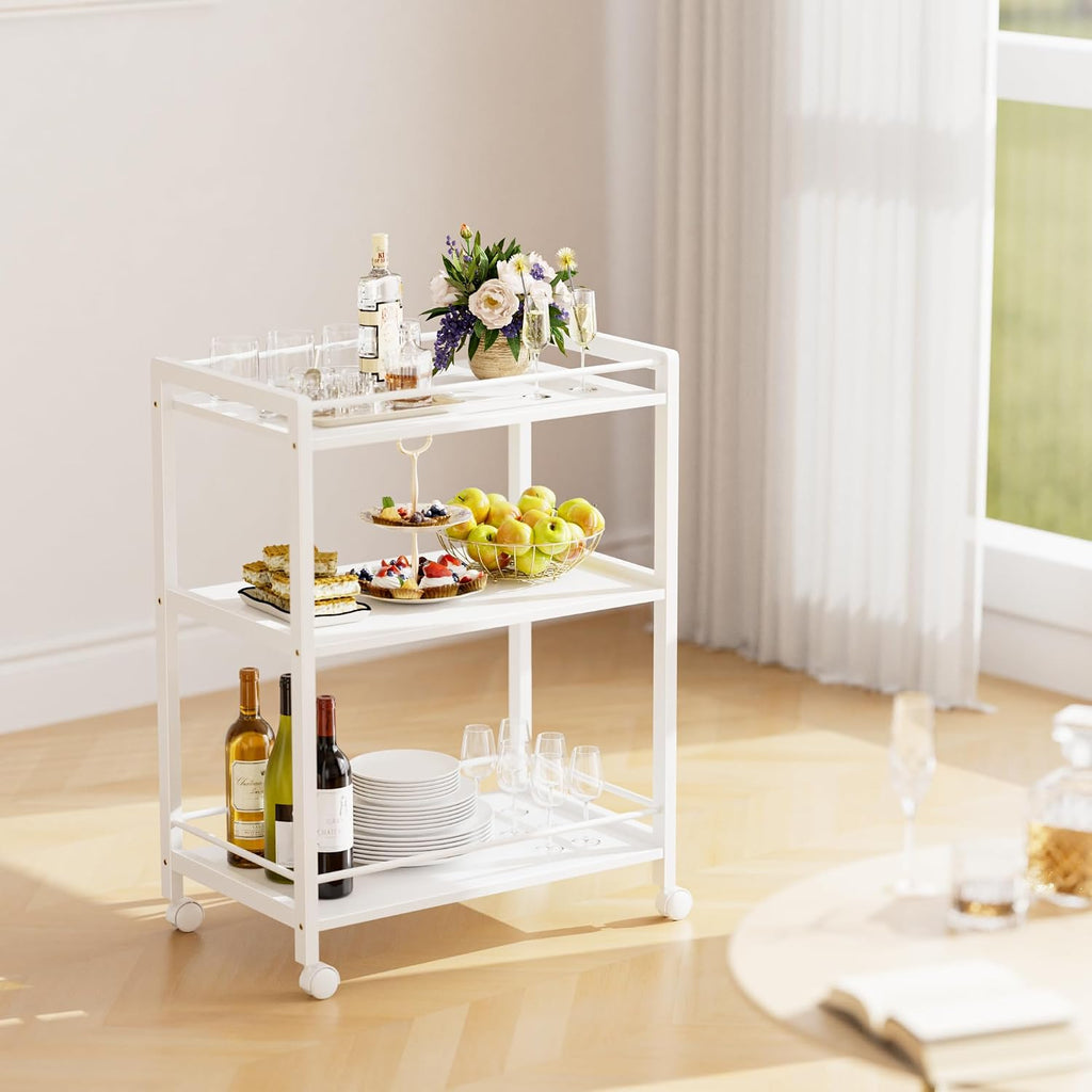 White Bar Cart, Home Bar Serving Cart, Kitchen Trolley on Wheels with Storage, 3 Tier Rolling Beverage Cart Kitchen