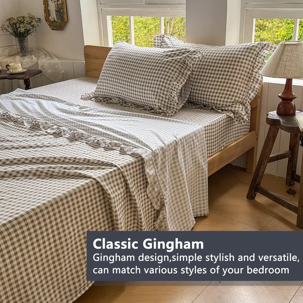 Tan Gingham Ruffle Sheet Set, Taupe Soft Pre-Washed Microfiber Plaid Bed Sheets, 4-Pieces Farmhouse Sheet