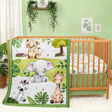 Baby Crib Bedding Set Safari Neutral Crib Nursery Comforter Bed Sets Decor with Fitted Crib Sheet, Comforter and Bed
