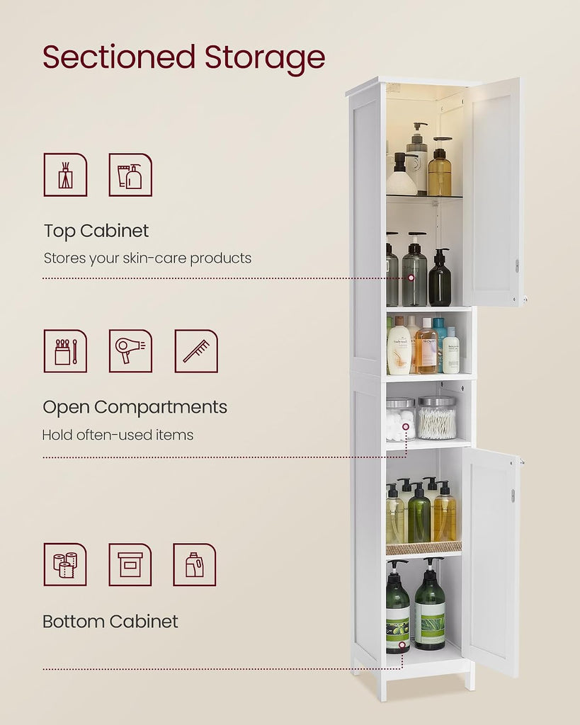 Tall Storage Cabinet with Lights, Slim Freestanding Cabinet with Adjustable Shelves, for Small Spaces, Bathroom