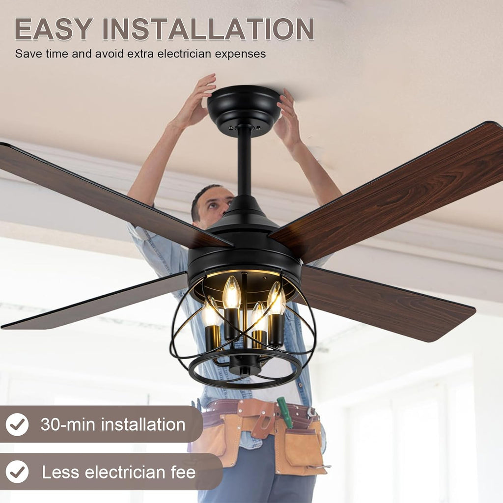 52 Inch Modern Farmhouse Ceiling Fan with Light - Industrial Caged Design