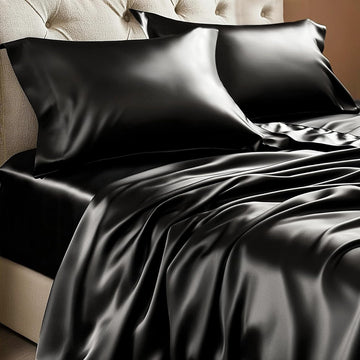 Satin Sheets Bed Set, Luxury Soft Black Silky Sheets for Hair and Skin, Similar to Silk Bed Sheets Set 4 Pieces