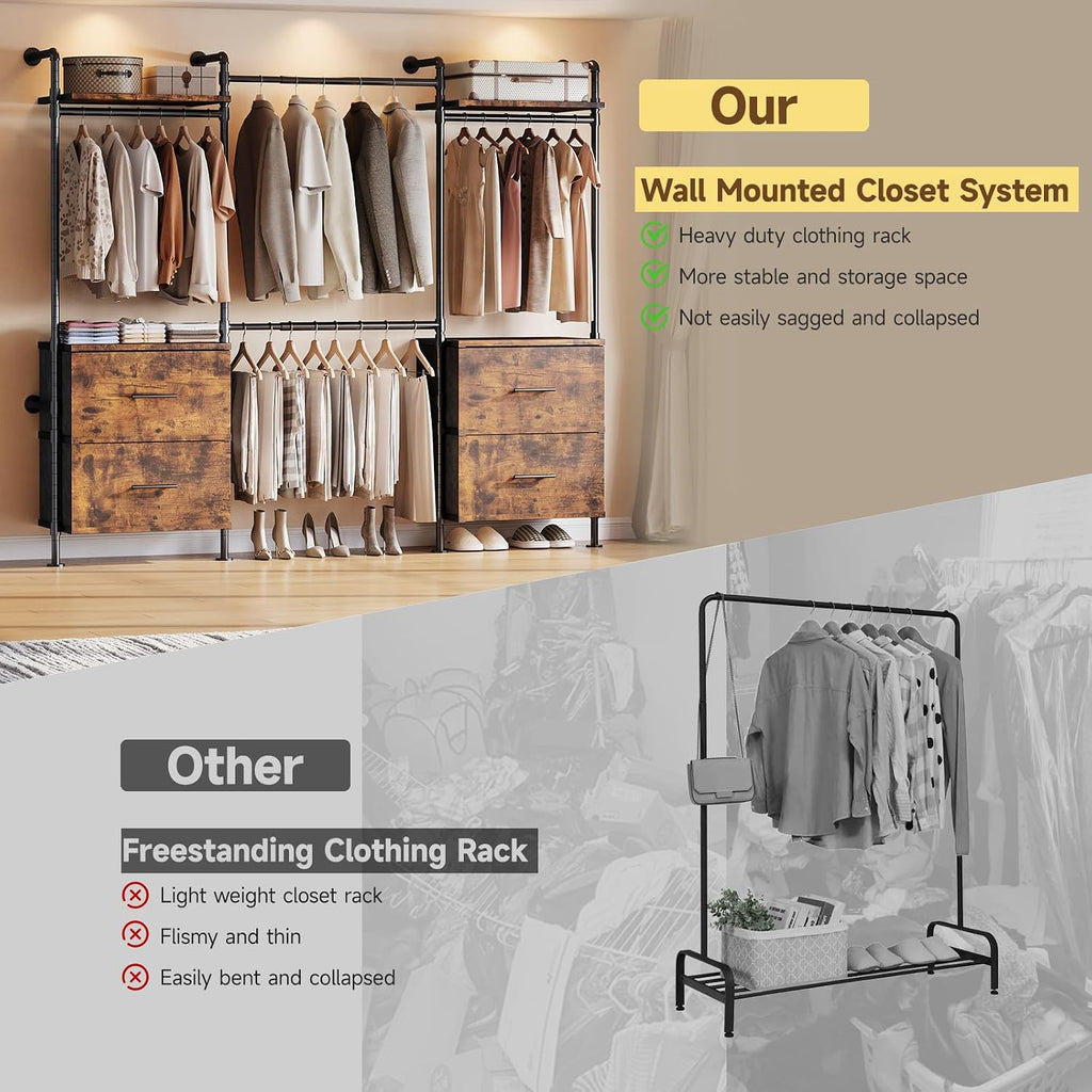 T4 Wall Mounted Closet System, Industrial Pipe Clothing Rack with 8 Wooden Shelves, 4 Drawers & 4 Hanging Rods (2