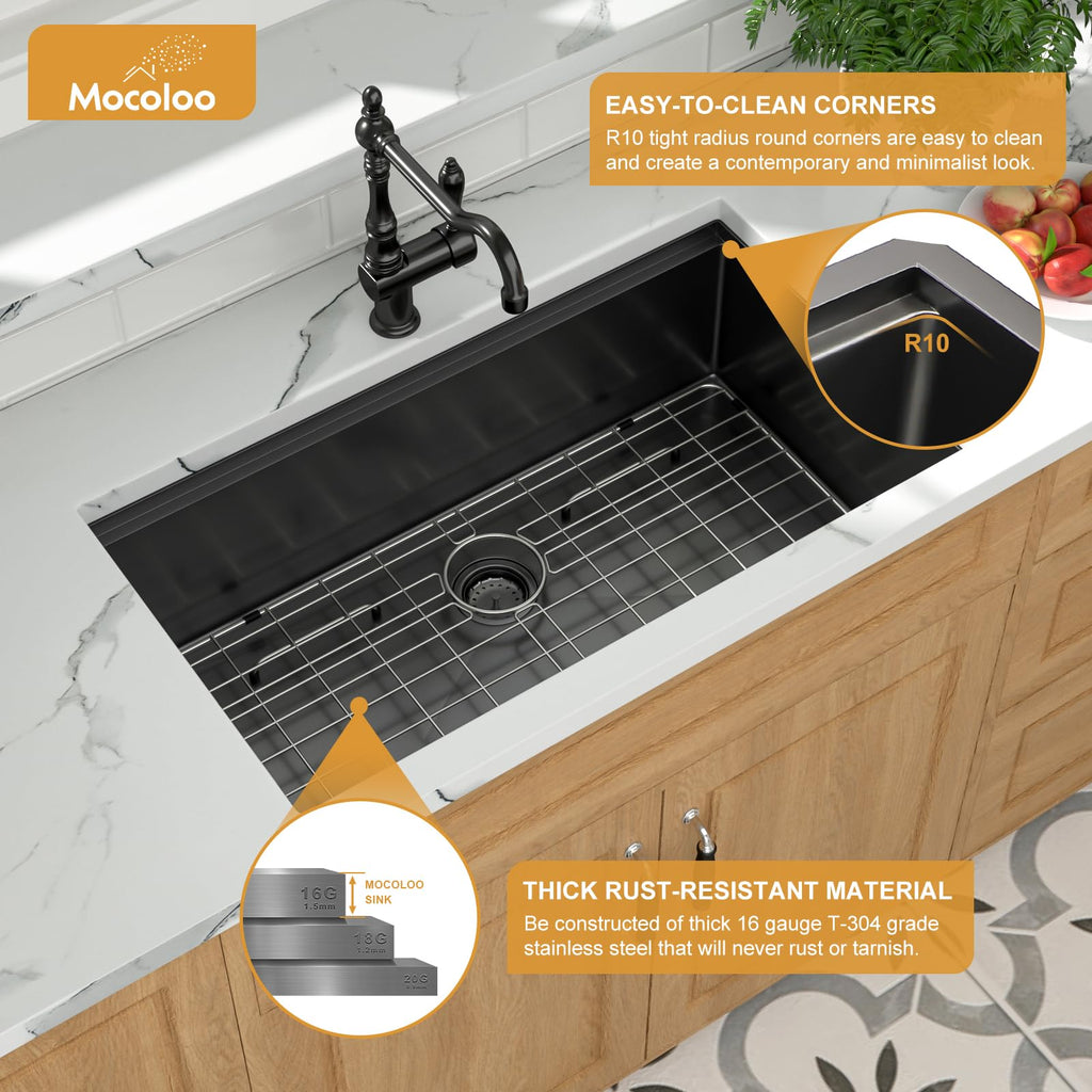 33 Inch Undermount - 33 x 19 Black Stainless Steel Sinks Ledge Workstation 16 Gauge Deep Single Bowl Handmade