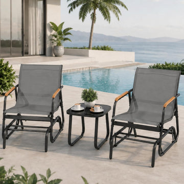 3 Piece Patio Glider Set, Textilene Gliders Outdoor Furniture Grey | Heavy-duty Patio Glider Set w/Breathable Fabric