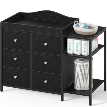 Baby Dresser with Changing Table Top, Black Changing Table Dresser with 6 Fabric Drawers Diaper Changing Station with