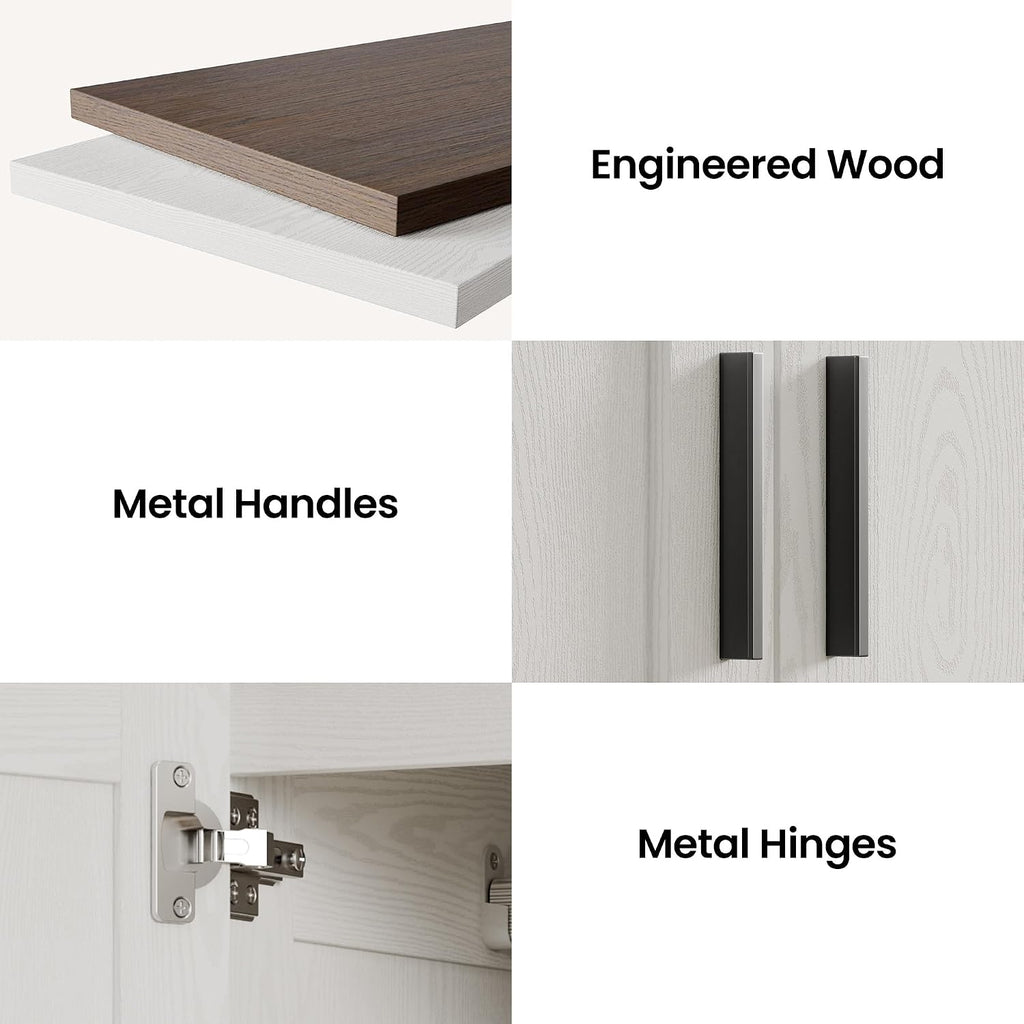 3-Door Armoire Wardrobe Closet with 2 Drawers and Shelves, White | Modern Farmhouse Style / Hanging Rod / Adjustable