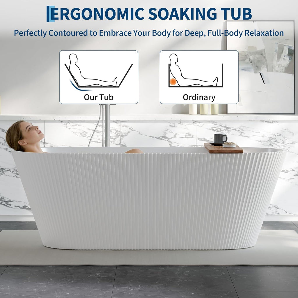Freestanding Bathtub 67 Inch Acrylic Free Standing Tub - Modern Oval Tapered Design Vertical Ribbed Texture, CUPC
