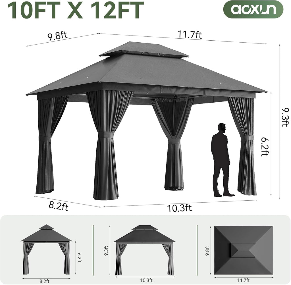 12'x10' Outdoor Gazebo, 50mm Heavy-Duty Steel Frame Double Roof Canopy