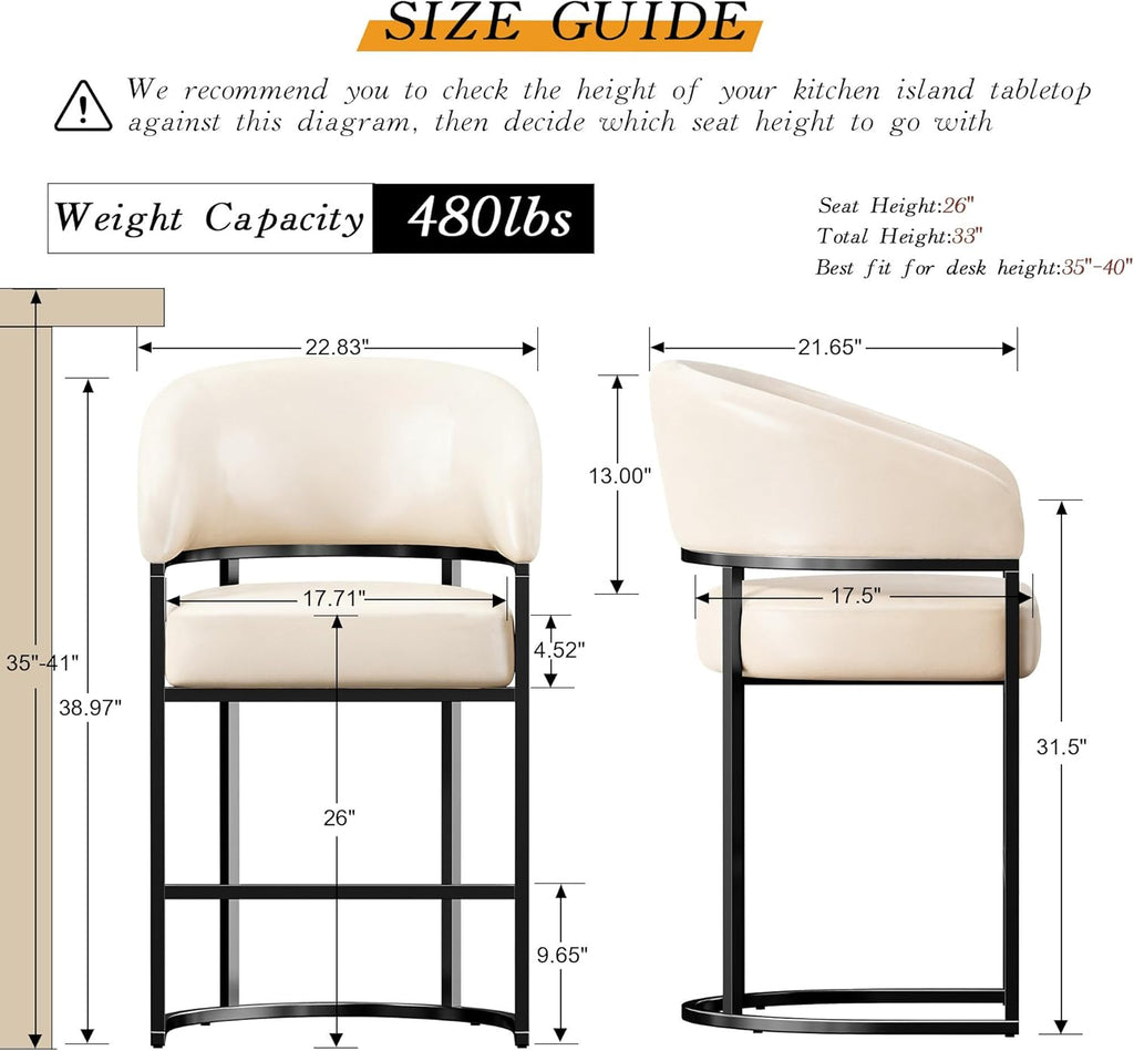 Modern Counter Height Bar Stools,Bar Stools Set of 4,PU Leather Upholstered Barrel Barstools with Backs,26"