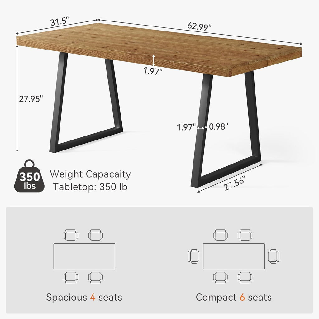63" Industrial Dining Table for 4-6 People, Solid Wood Rectangular Kitchen Table with Heavy-Duty Metal Legs for Home