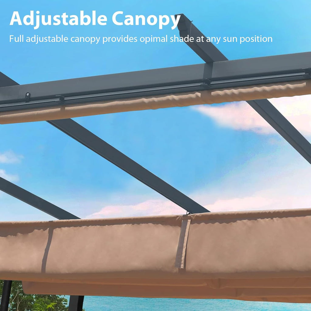 12 x 12 ft Outdoor Pergola with Retractable Shade Canopy, Matte Aluminum Frame, 4 Roller Shade Curtains