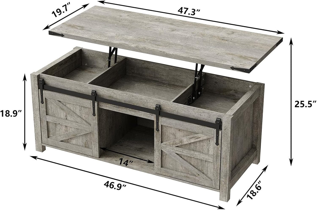 Lift Top Coffee Table, 47.3'' Farmhouse Coffee Table with Large Hidden Storage Compartment & Sliding Barn Doors