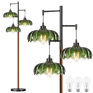 Glass Floor Lamp, Stained Green Mid Century Modern Standing Lamp Wood Tree 3 Light Tall Floor Lamps Vintage Retro