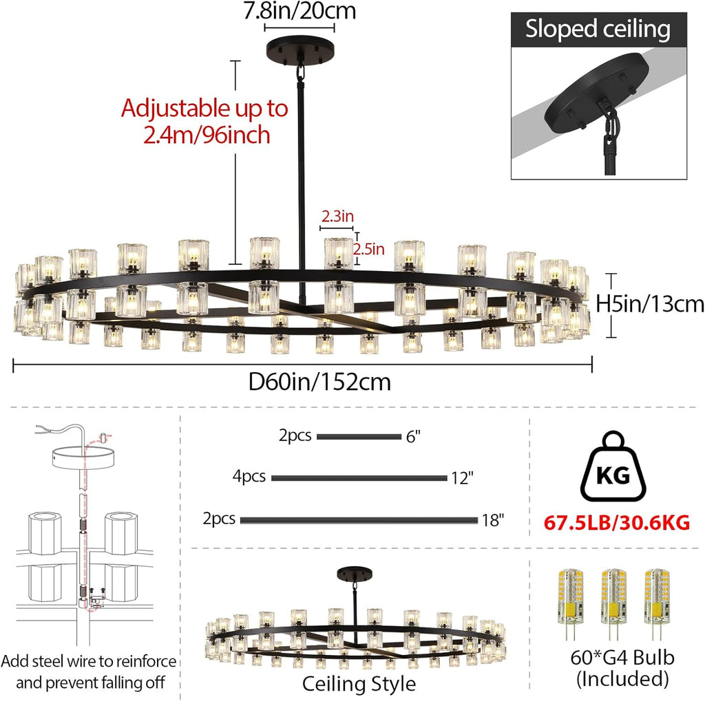Modern Large 60inch Black Round Chandelier, 60-Light Crystal Chandelier for Living Room,Indoor Large Space Chandelier Fixtures,Farmhouse Wagon Wheel Chandelier,Including Lightbulbs