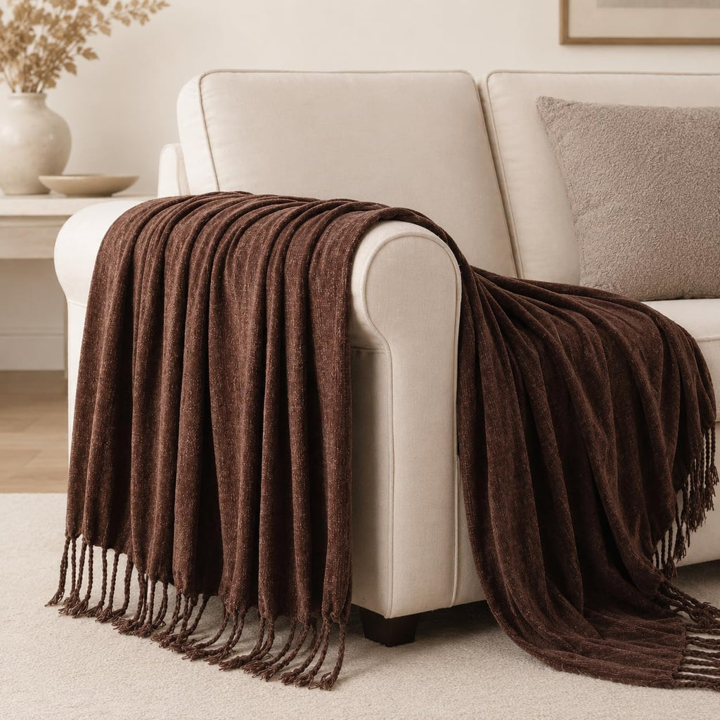 Brown Chenille Throw Blanket, Soft Cozy Textured Knit Throw Blanket with Handmade Fringe Tassels, Lightweight