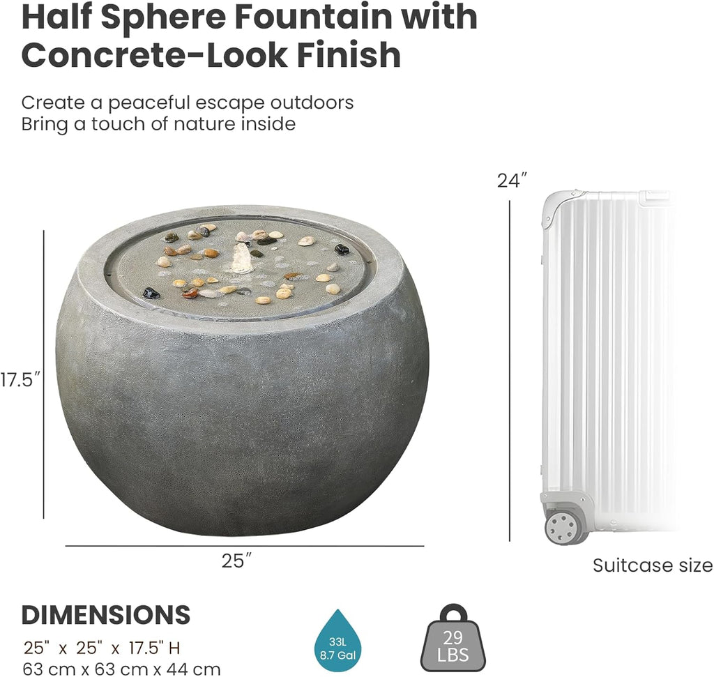 Garden Water Fountain Outdoor Large Round Bubbler Water Feature Indoor with Lights & Pump and Pebbles Concrete Effect