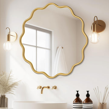 Gold Wavy Round Wall Mirror 36 Inch, Bathroom Decor