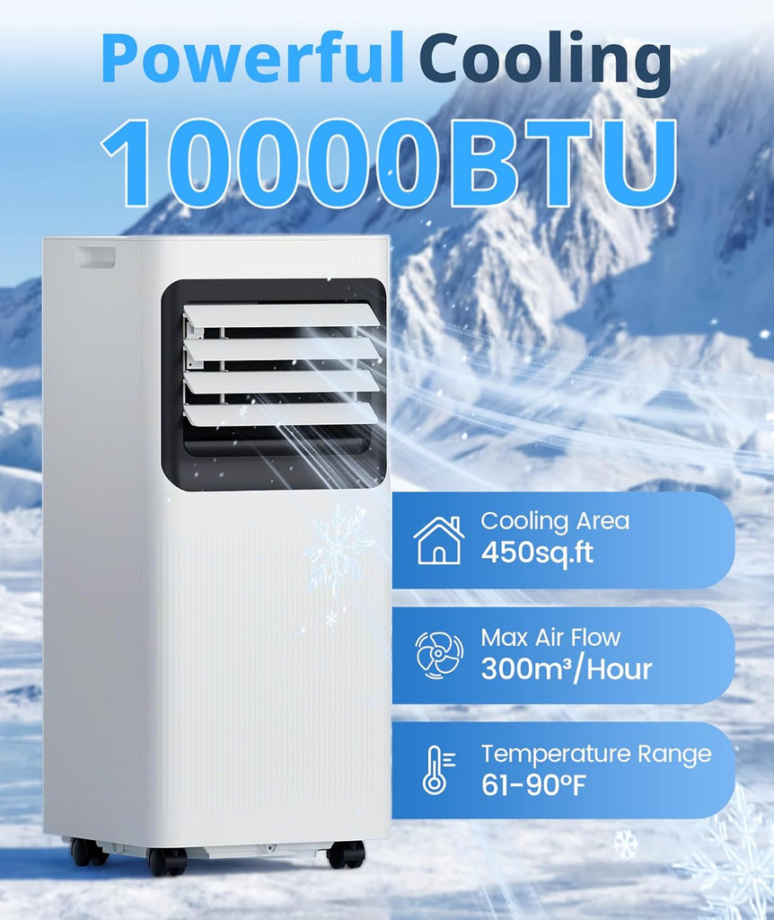 10000 BTU Portable Air Conditioner, 4-in-1 Cools 450 Sq.Ft, Quiet AC with Fan & Dehumidifier, LED Display, Remote