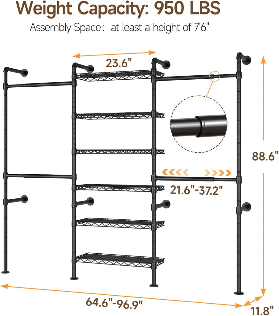 H3 Expandable Wall Mounted Closet System, 5.4FT-8.1FT Closet Organizer with 4 Telescopic Rods & 6 Wire Shelves