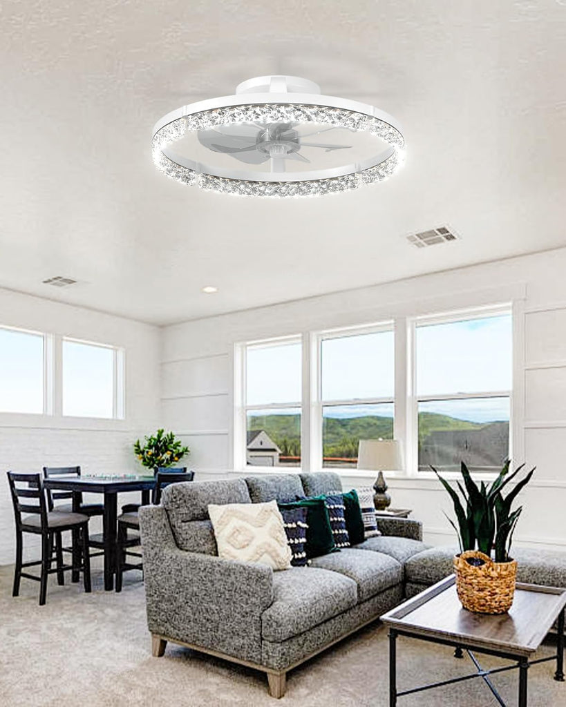 Ceiling Fans with Lights and Remote, 20'' Low Profile Ceiling Fans, 3000-6000K Dimmable Modern Flush Mount LED Fan Light, Fandelier Ceiling Fan for Bedroom, Kitchen, Living Room, White
