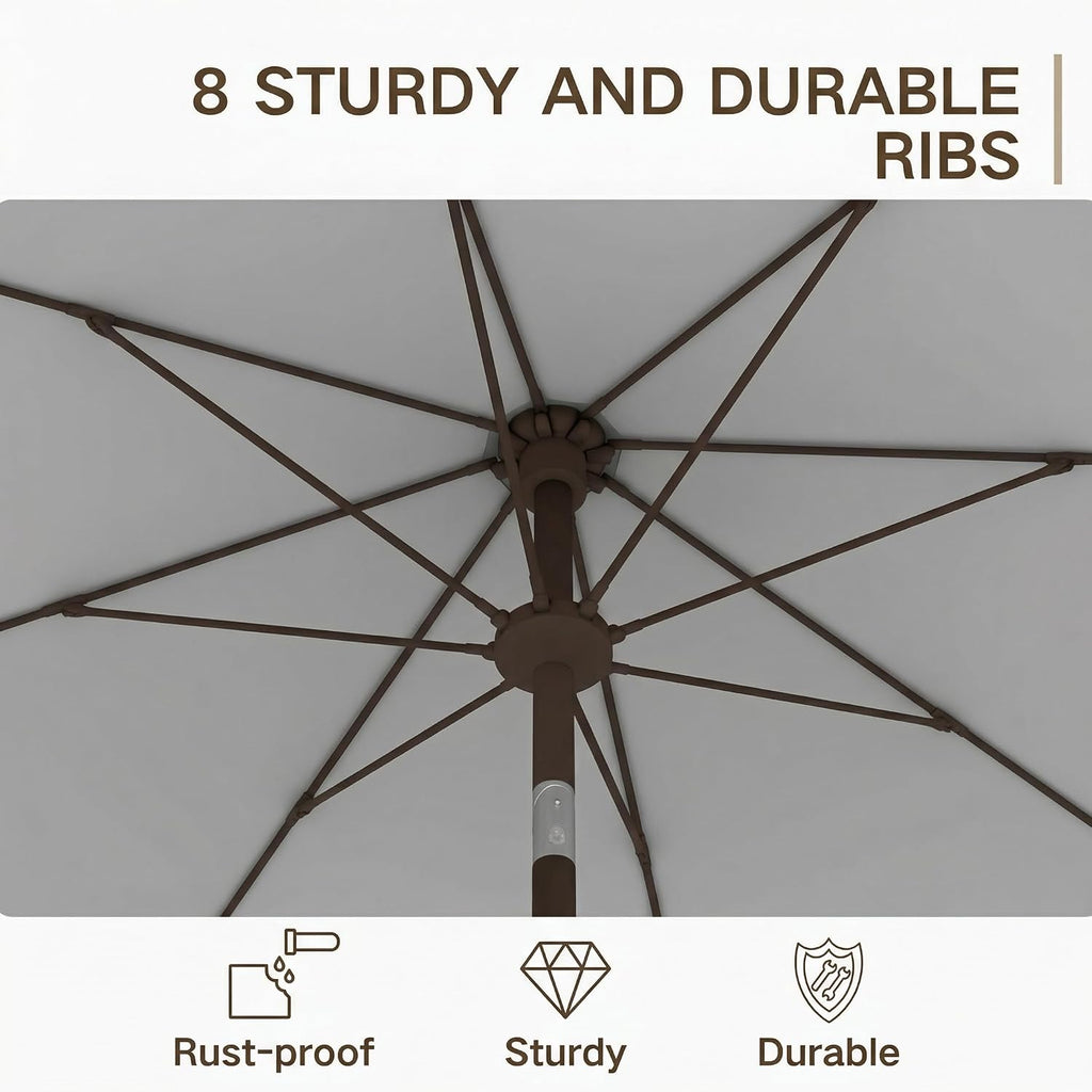 9FT Outdoor Patio Umbrella, Round Market Table Umbrella with Push‑Button Tilt and Crank Lift, 8 Sturdy Metal Ribs