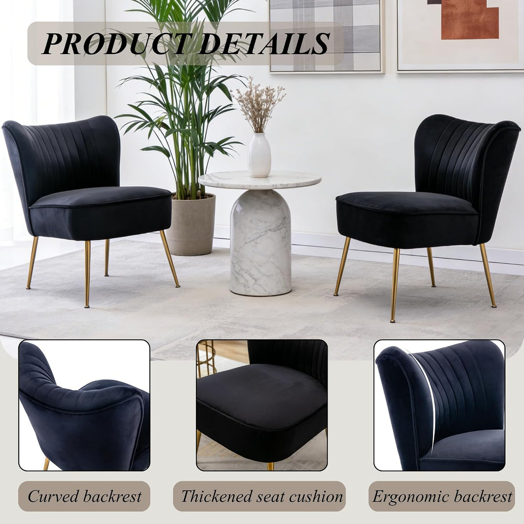 Velvet Accent Chair Set of 2 Comfy Living Room Chair Armless Slipper Chair Mid Century Side Single Sofa Chair with
