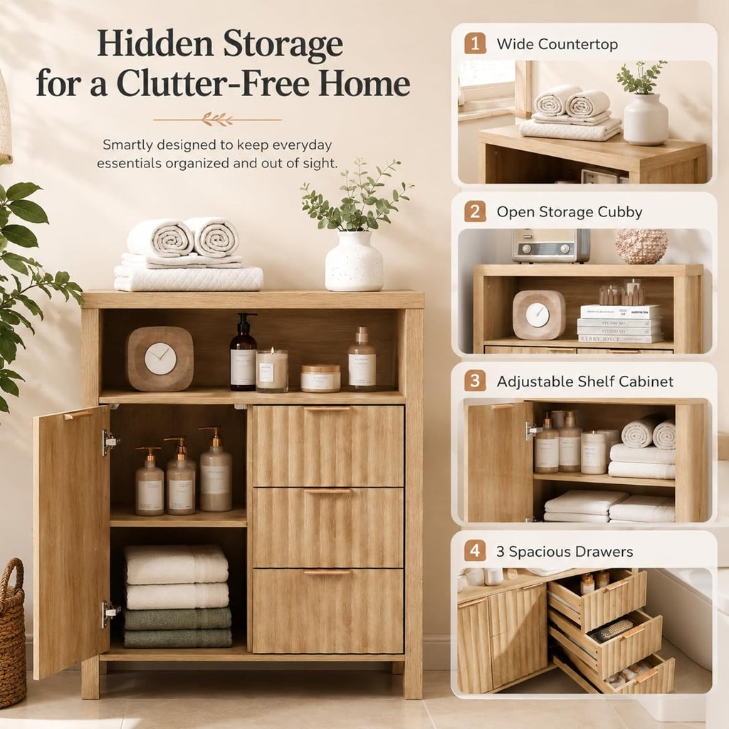 Bathroom Storage Cabinet with 3 Drawers & Door, Slim Freestanding Floor Cabinet Organizer for Small Spaces, 30mm
