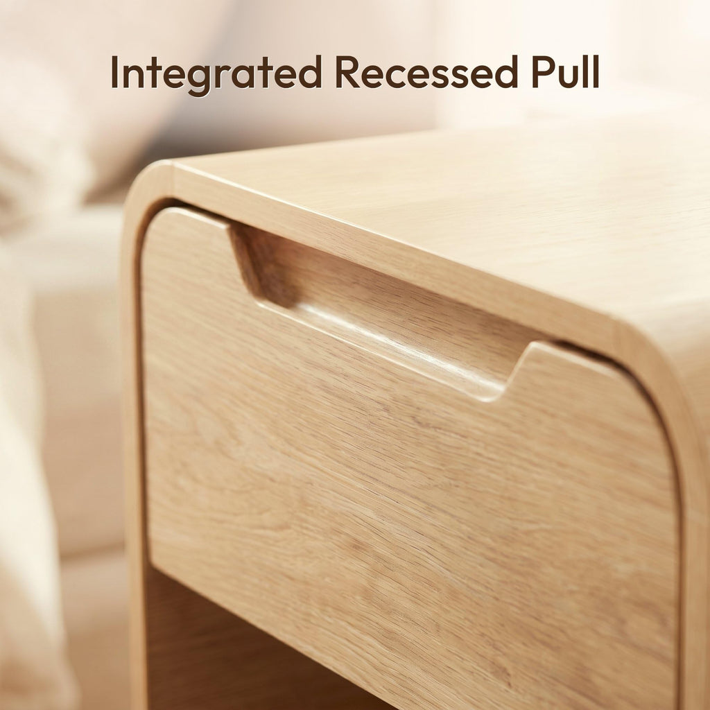Small Curved 1-Drawer Nightstand with Open Shelf, Natural Oak