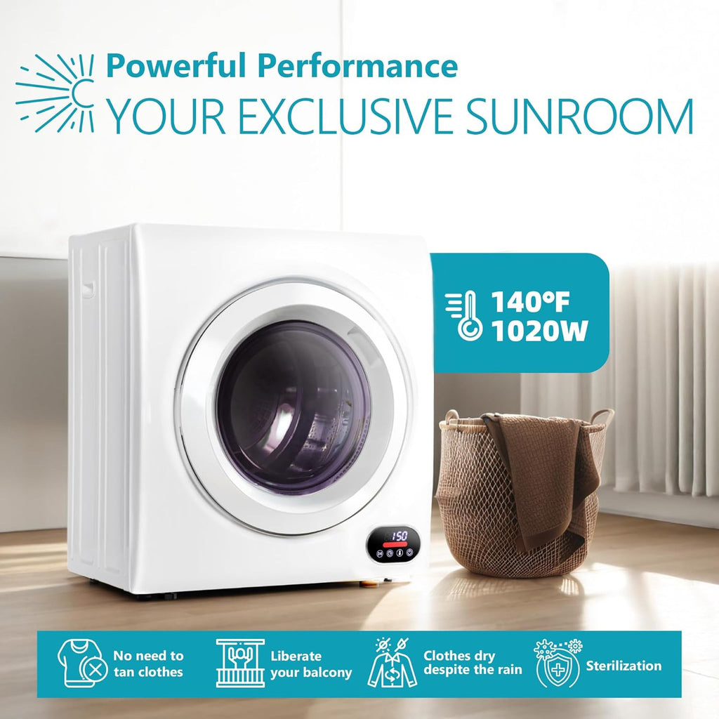 Compact Laundry Dryer, 3.5 cu ft Front Load Stainless Steel Clothes Dryers With Exhaust Pipe, 1500W, LCD Control Panel