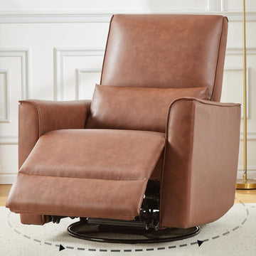 Swivel Rocking Recliner Chair, Manual Leather Recliner Glider with | Lumbar Support & Padded Armrest, Comfortable