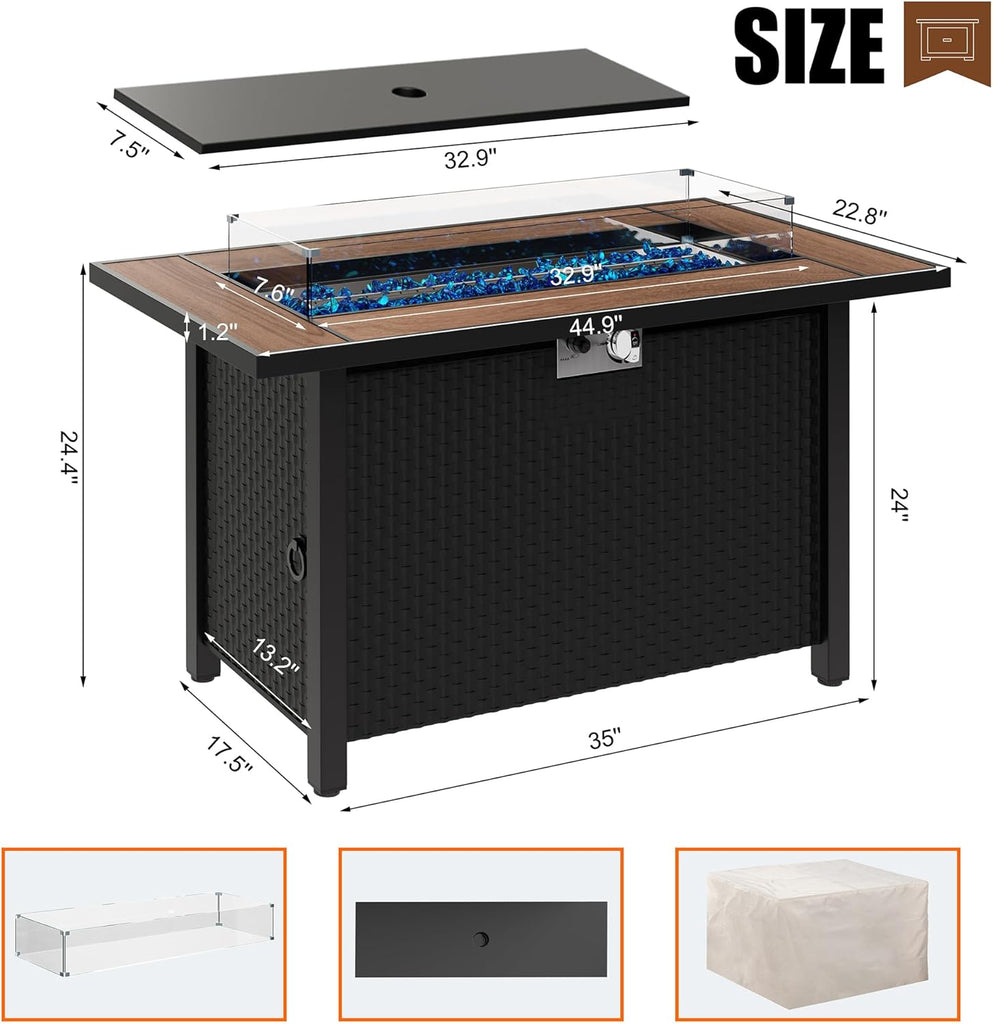 45 inch Propane Fire Pit Table, 50,000 BTU Outdoor Gas Fire Pit Table with Lid, Glass Wind Guard, Waterproof Cover, Rectangle Gas Firepit Table for - Image 6