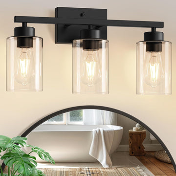 Modern Bathroom Light Fixtures, 3 Light Black Vanity Lights, Bathroom Lighting Fixtures Over Mirror with Clear Glass