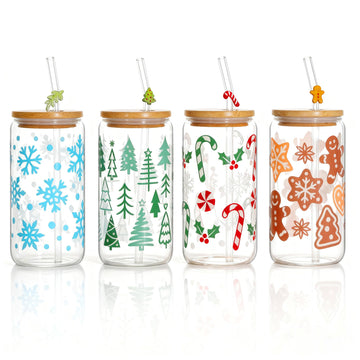 Christmas Cups, 17 oz Cute Xmas Cup with Lids and Straws 4 Pack, Drinking Glasses for Iced Coffee, Juice, Party Decor