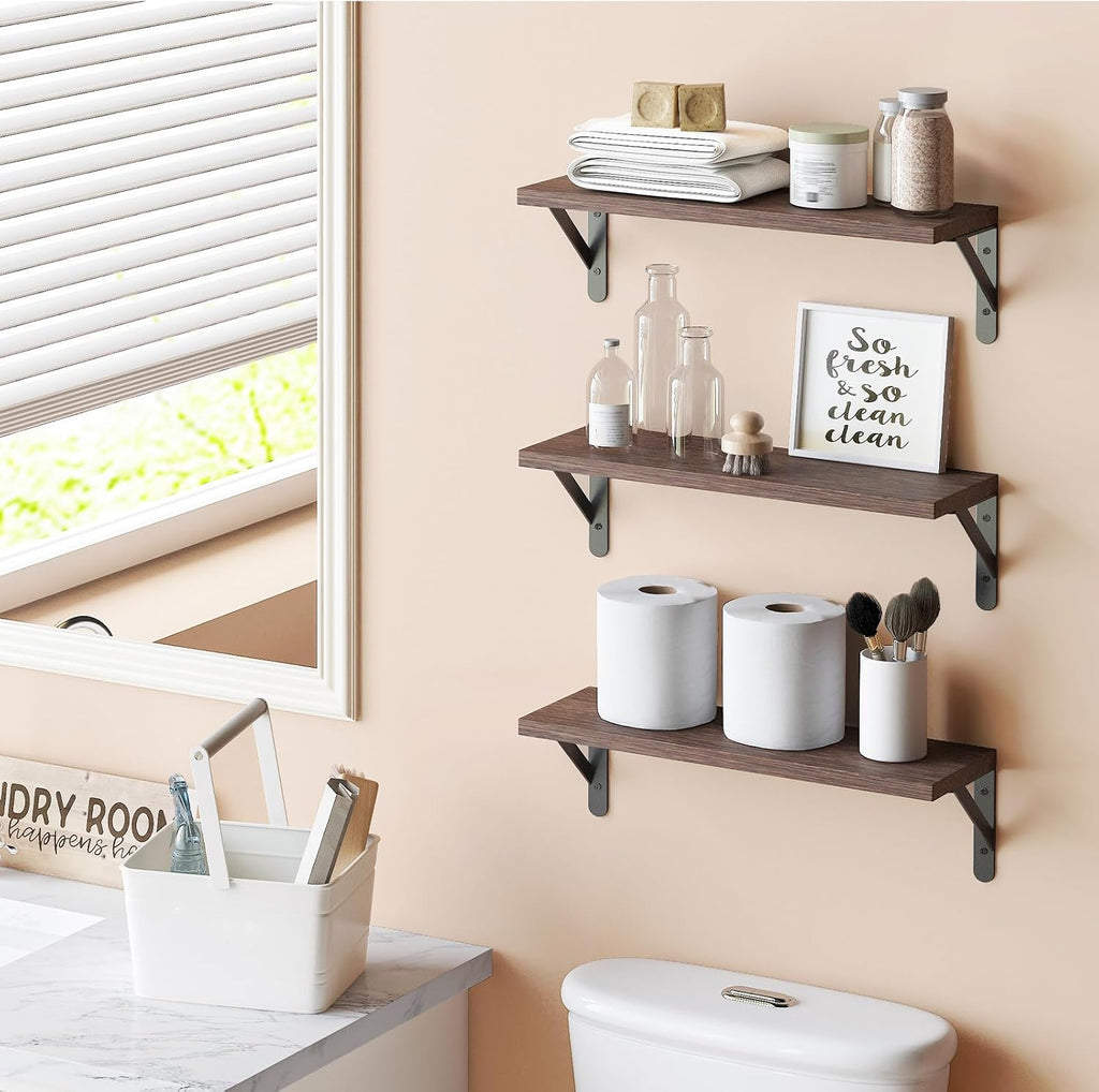 16.5in Floating Shelves for Wall Home Decor, Wood, Brown, Set of 6 | Rustic wood shelves with metal brackets.