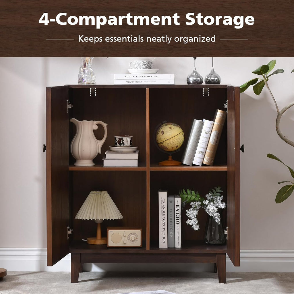 Mid-Century Modern Accent Cabinet with Textured Doors, 4-Cube Storage Cabinet, Walnut Wood Storage Cabinet , 31.5"