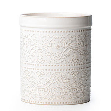 Kitchen Utensil Holder, 7 Inches Large Ceramic Utensil Holder for Countertop, Lace Emboss Cooking Utensil Crocks