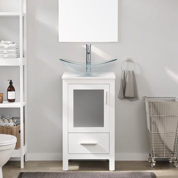 18" Small Bathroom Vanity Sink Combo Modern Freestanding Cabinet W/Matte Glass Door & Drawer Clear Boat