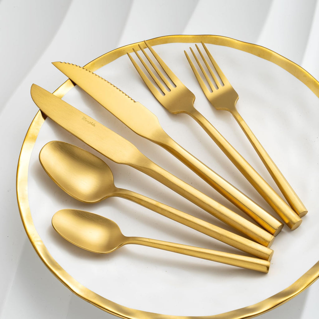 Gold Silverware Set with Steak Knives, Flatware Set with Hexagon Handle 24 Pieces 18/0 Stainless Steel Cutlery Set