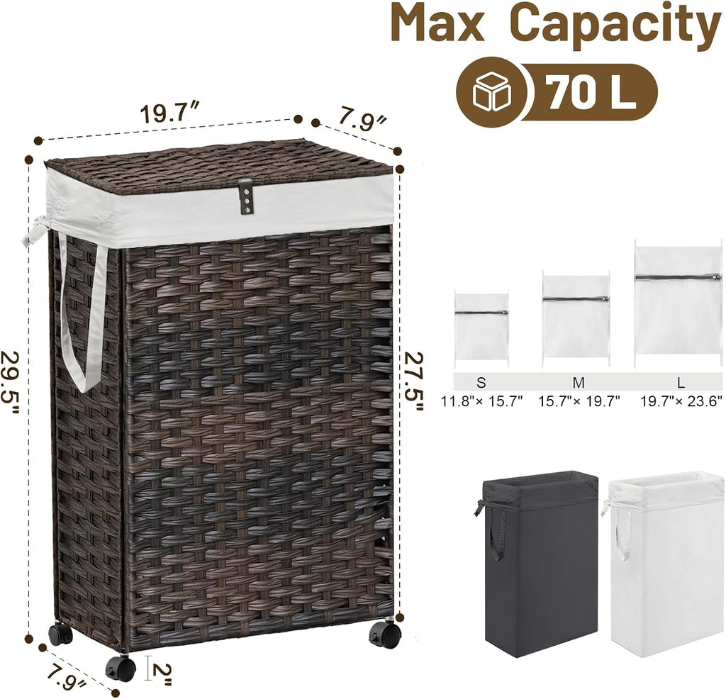 70L Slim Laundry Hamper with Lid & Wheels, Rolling Laundry Basket with 2 Removable Liner Bags & 3 Mesh Bags, Narrow