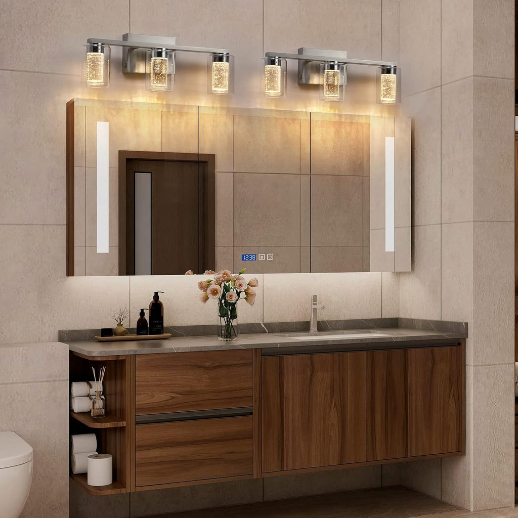 Bathroom Light Fixtures, 3 Light Brushed Nickel Bathroom Vanity Light over Mirror, 3 Color LED lights with Crystal